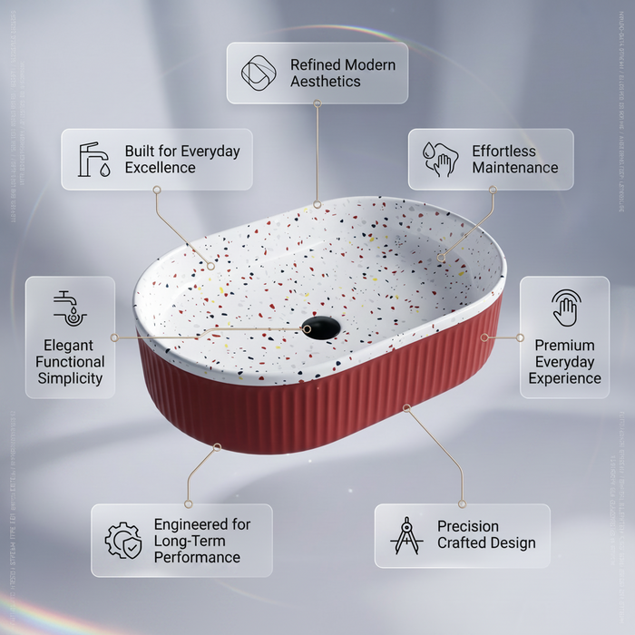 Red ribbed ceramic oval table top wash basin with white multicolour terrazzo finish interior, 600 x 340 x 130 mm, modern countertop bathroom basin