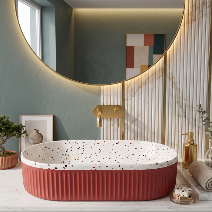 Red ribbed ceramic oval table top wash basin with white multicolour terrazzo finish interior, 600 x 340 x 130 mm, modern countertop bathroom basin