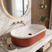 Red ribbed ceramic oval table top wash basin with white multicolour terrazzo finish interior, 600 x 340 x 130 mm, modern countertop bathroom basin