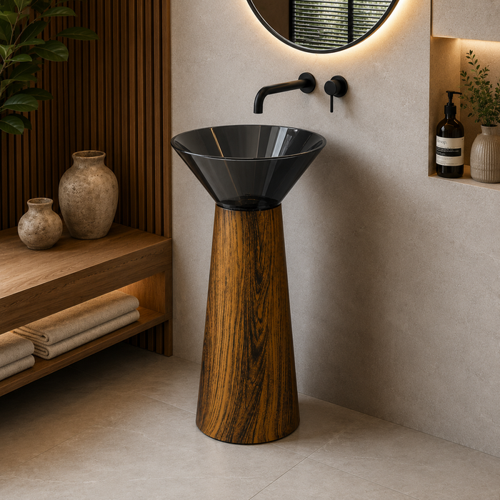 Resin with Wooden design artificial stone pedestal wash basin 
