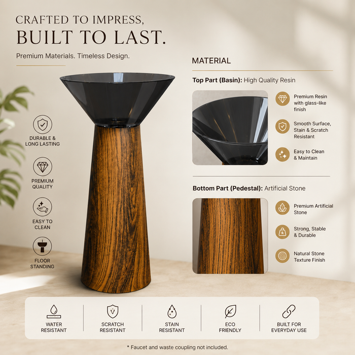 Resin with Wooden design artificial stone pedestal wash basin 