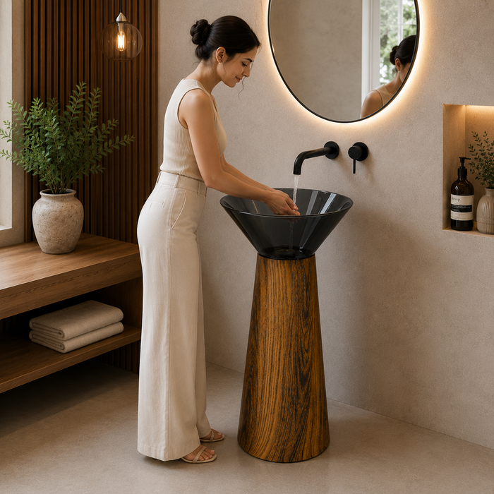 Resin with Wooden design artificial stone pedestal wash basin 