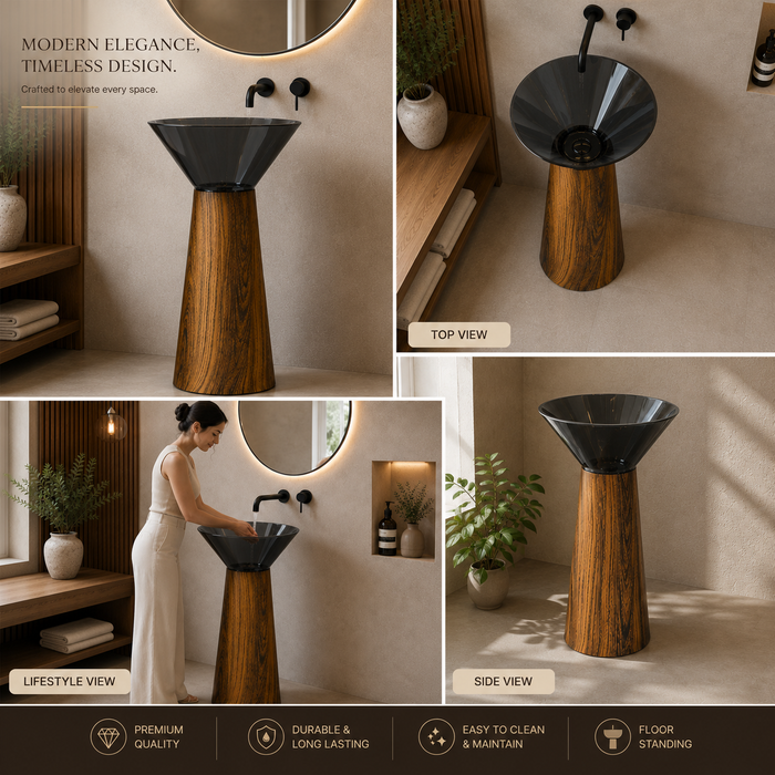 Resin with Wooden design artificial stone pedestal wash basin 