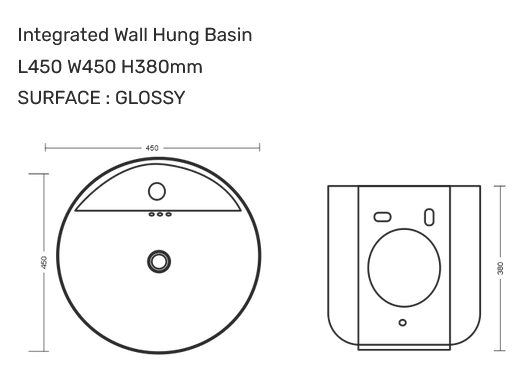 Bassino Rolex Wall Hung Wash Basin – Glossy Finish | Integrated Round Designer Basin 450×450×380 mm
