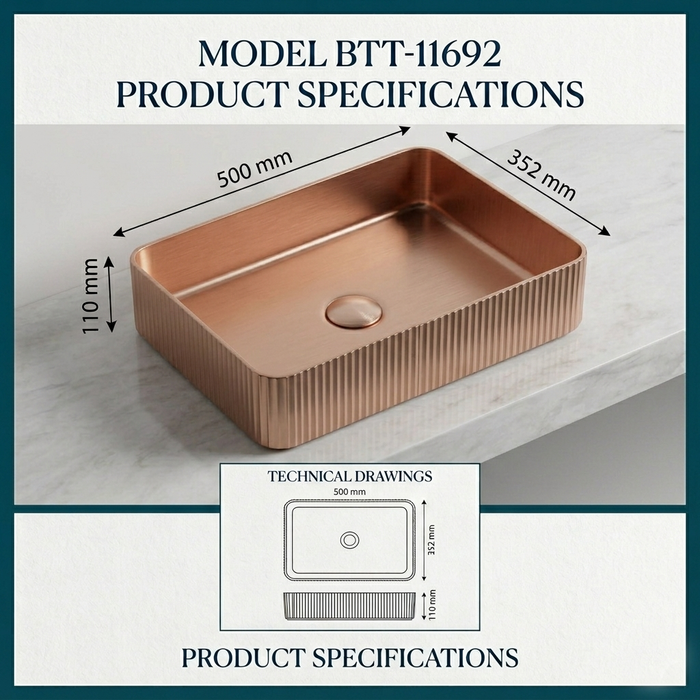 Rose Gold Rectangle Stainless Steel Countertop Wash Basin Size