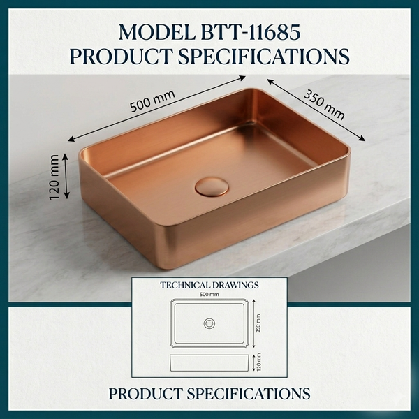 Bassino Modern Stainless Steel Wash Basin | Stylish Countertop Wash Basin for Bathroom–500x350x120 mm Rose gold
