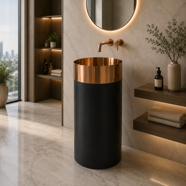 Metal Pedestal Wash Basin 16x16x33 Inch Rose Gold & Black - Premium Stainless Steel Designer Basin