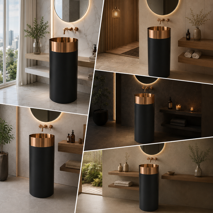 Rose Gold and Black Metal Pedestal Wash Basin  