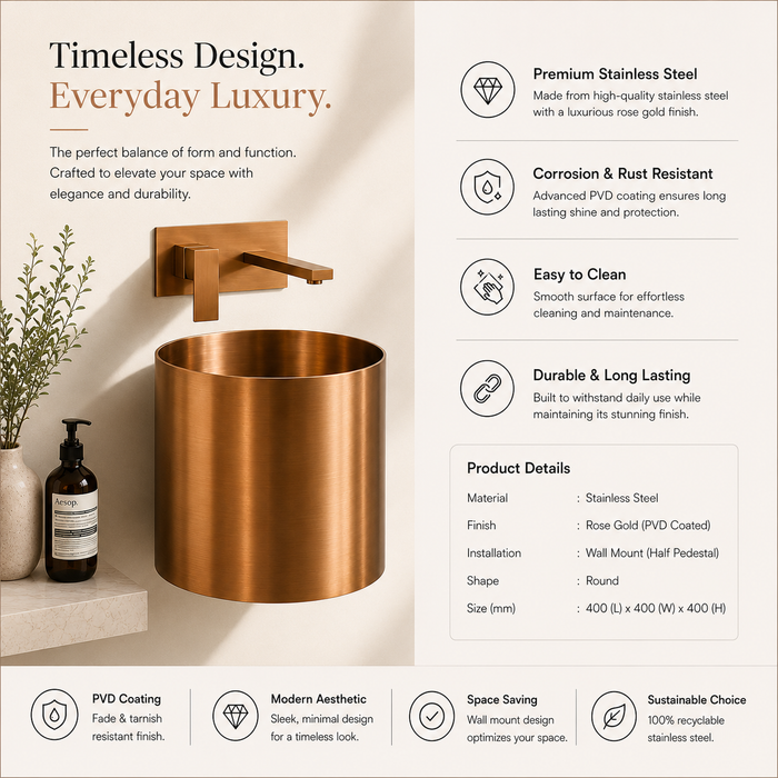 Rose Gold metal Wall Mount Half Pedestal Wash Basin
