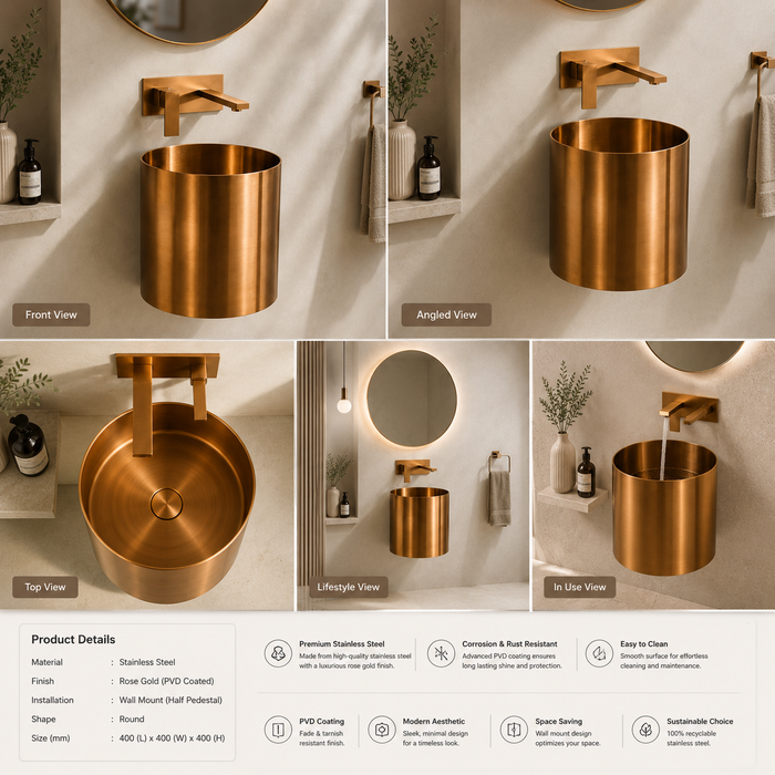 Rose Gold metal Wall Mount Half Pedestal Wash Basin