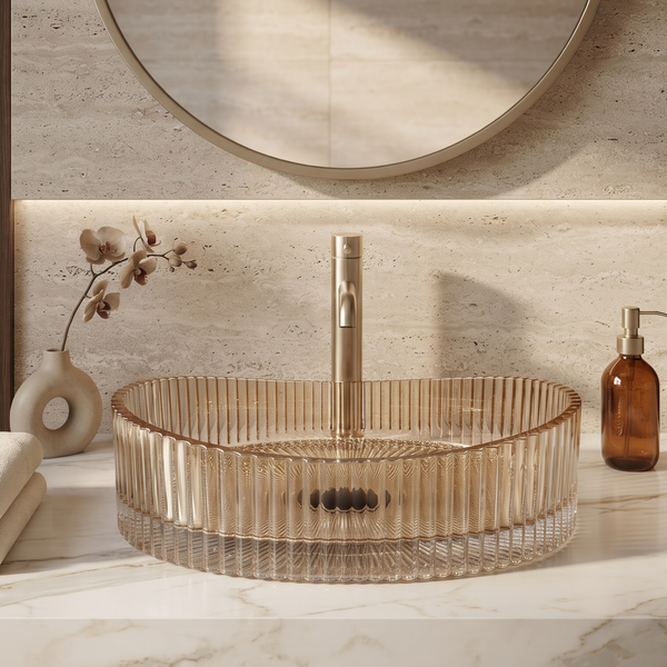 Bassino Modern Transparent Glass Wash Basin | Stylish Countertop Wash Basin for Bathroom–525x350x155 mm Rose gold