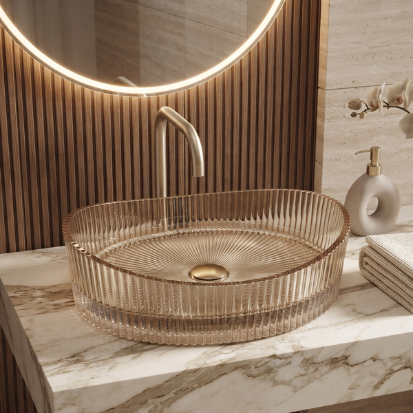 Bassino Modern Transparent Glass Wash Basin | Stylish Countertop Wash Basin for Bathroom–525x350x155 mm Rose gold