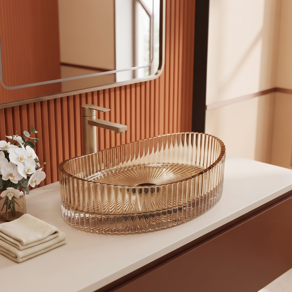 Bassino Modern Transparent Glass Wash Basin | Stylish Countertop Wash Basin for Bathroom–525x350x155 mm Rose gold