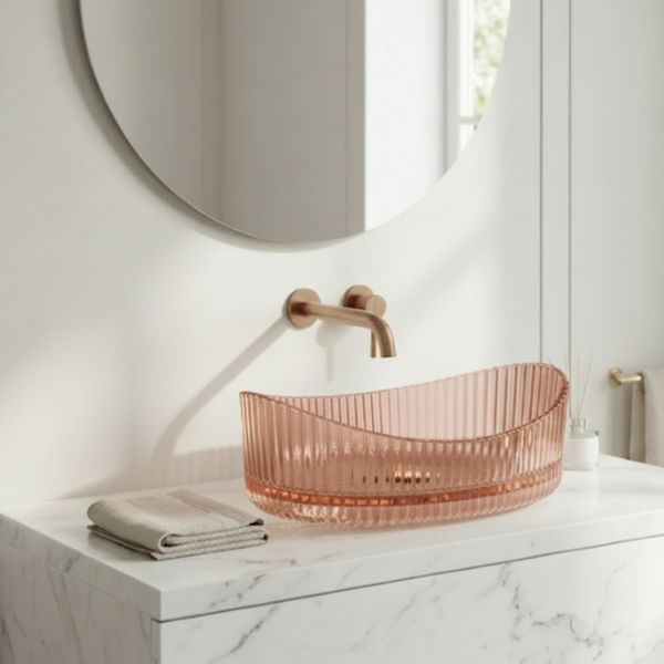 Bassino Modern Transparent Glass Wash Basin | Stylish Countertop Wash Basin for Bathroom–525x350x155 mm Rose gold