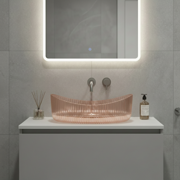 Bassino Modern Transparent Glass Wash Basin | Stylish Countertop Wash Basin for Bathroom–525x350x155 mm Rose gold