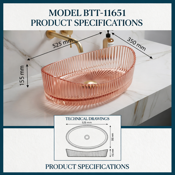 Bassino Modern Transparent Glass Wash Basin | Stylish Countertop Wash Basin for Bathroom–525x350x155 mm Rose gold