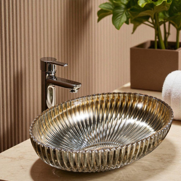 Premium Glass Table Top Wash Basin, Transparent Finish (530x350x150 MM) Rose gold