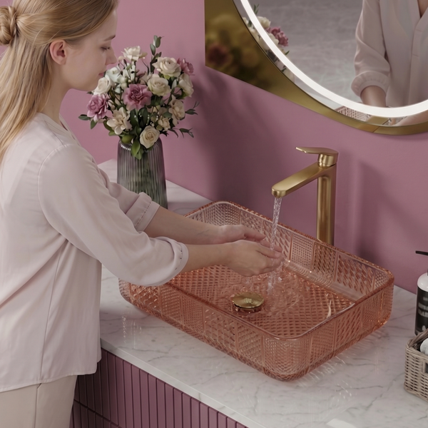 Bassino Modern Transparent Glass Wash Basin | Stylish Countertop Wash Basin for Bathroom–460x320x105 mm Rose gold