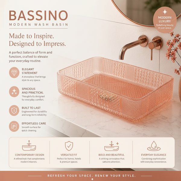 Bassino Modern Transparent Glass Wash Basin | Stylish Countertop Wash Basin for Bathroom–460x320x105 mm Rose gold