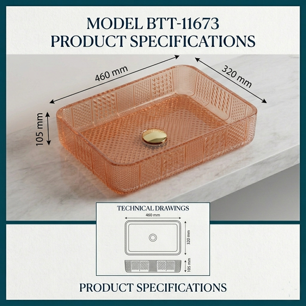 Bassino Modern Transparent Glass Wash Basin | Stylish Countertop Wash Basin for Bathroom–460x320x105 mm Rose gold
