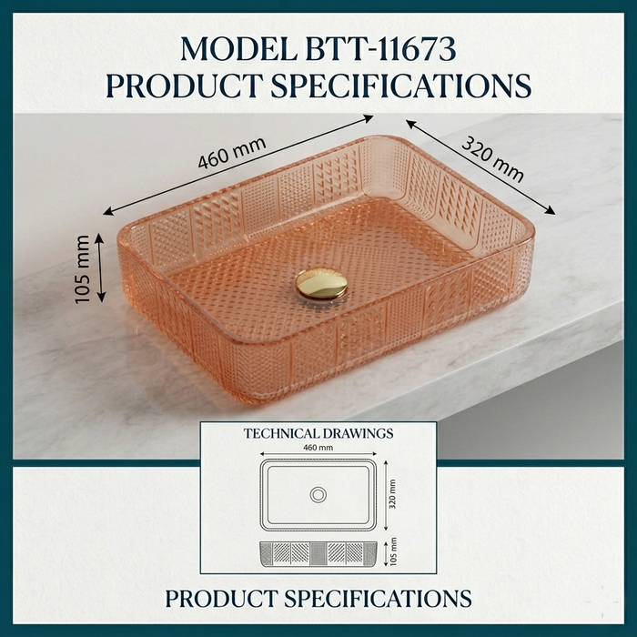 Rose gold Rectangle Transparent Glass Wash Basin Size