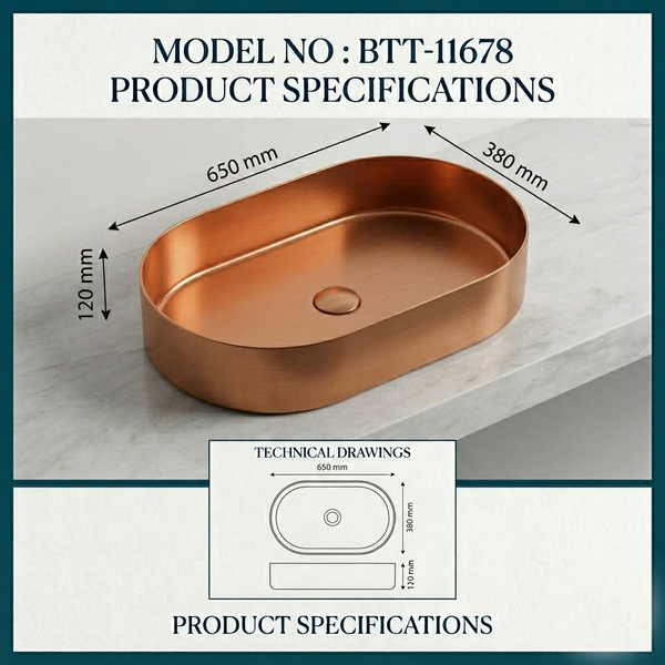 Bassino Modern Stainless Steel Wash Basin | Stylish Countertop Wash Basin for Bathroom–650x380x120 mm Rose gold