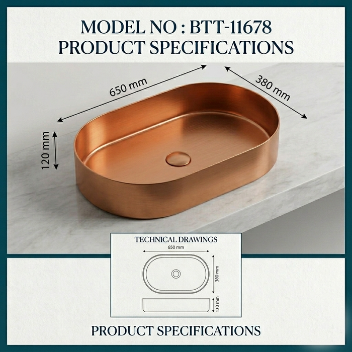 Rose gold Round Edges Stainless Steel Wash Basin Size