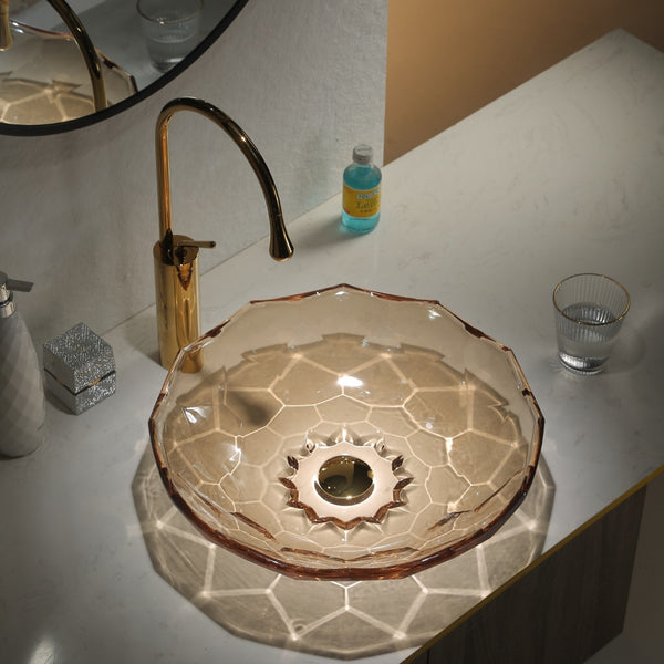 Bassino Modern Transparent Glass Wash Basin | Stylish Countertop Wash Basin for Bathroom–445x445x122 mm Rose gold