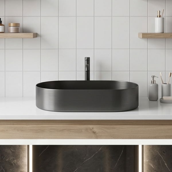 Bassino Modern Stainless Steel Wash Basin | Stylish Countertop Wash Basin for Bathroom–650x380x120 mm Black