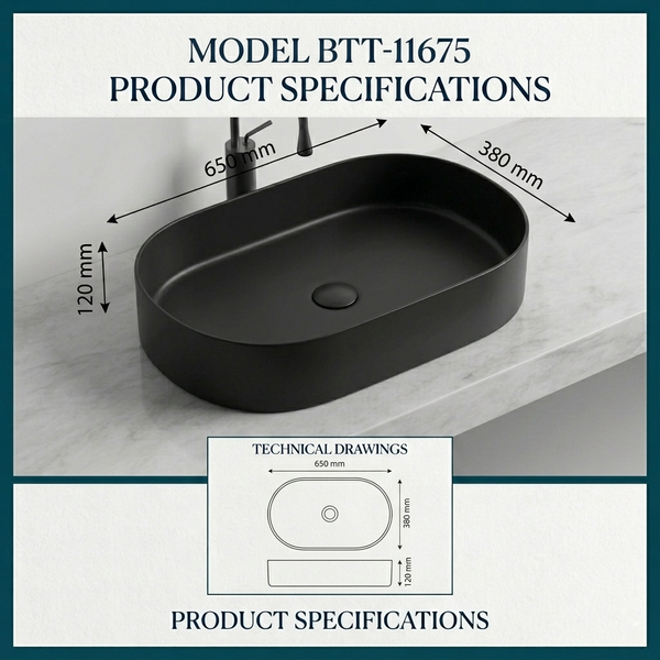 Bassino Modern Stainless Steel Wash Basin | Stylish Countertop Wash Basin for Bathroom–650x380x120 mm Black