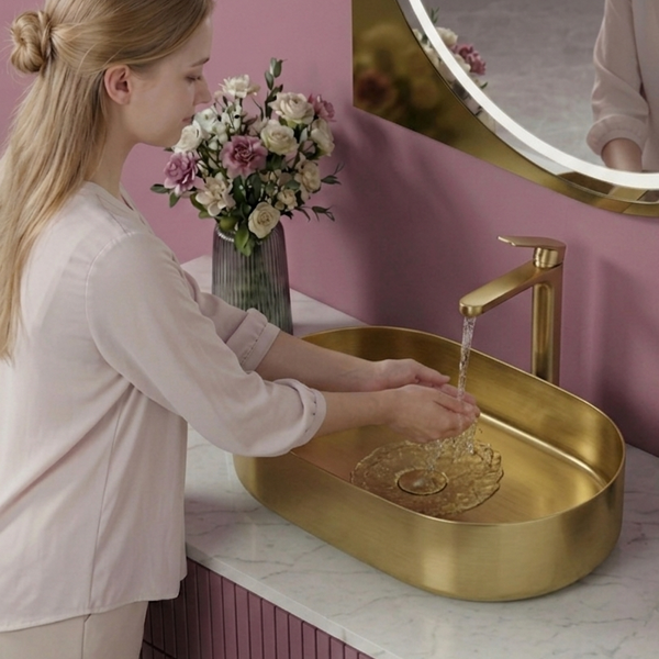 Bassino Modern Stainless Steel Wash Basin | Stylish Countertop Wash Basin for Bathroom–650x380x120 mm Gold