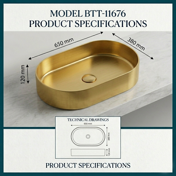 Bassino Modern Stainless Steel Wash Basin | Stylish Countertop Wash Basin for Bathroom–650x380x120 mm Gold