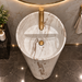 Round freestanding pedestal wash basin 15.4 x 15.4 x 32.7 inch in white and beige marble pattern with cylindrical floor standing design for modern luxury bathroom