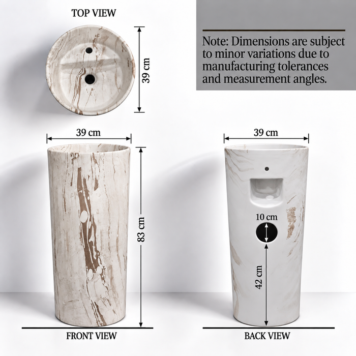 Round freestanding pedestal wash basin 15.4 x 15.4 x 32.7 inch in white and beige marble pattern with cylindrical floor standing design for modern luxury bathroom