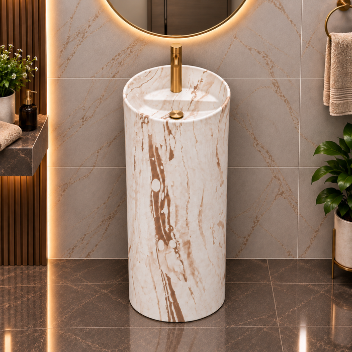 Round freestanding pedestal wash basin 15.4 x 15.4 x 32.7 inch in white and beige marble pattern with cylindrical floor standing design for modern luxury bathroom