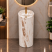 Round freestanding pedestal wash basin 15.4 x 15.4 x 32.7 inch in white and beige marble pattern with cylindrical floor standing design for modern luxury bathroom