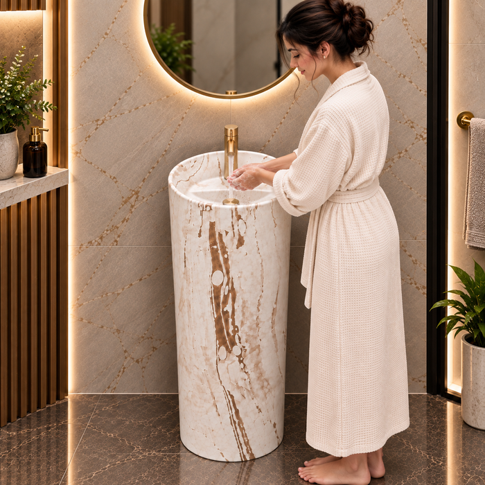 Round freestanding pedestal wash basin 15.4 x 15.4 x 32.7 inch in white and beige marble pattern with cylindrical floor standing design for modern luxury bathroom
