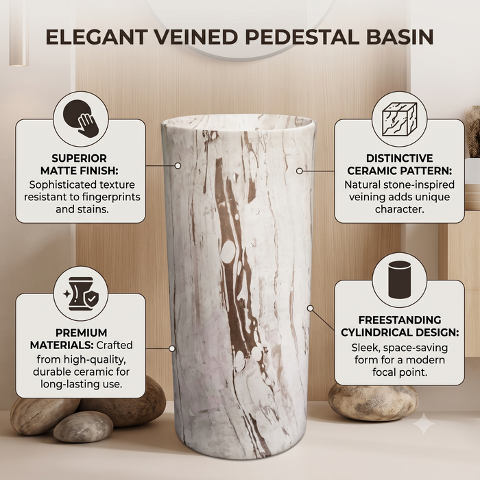 Round freestanding pedestal wash basin 15.4 x 15.4 x 32.7 inch in white and beige marble pattern with cylindrical floor standing design for modern luxury bathroom