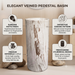 Round freestanding pedestal wash basin 15.4 x 15.4 x 32.7 inch in white and beige marble pattern with cylindrical floor standing design for modern luxury bathroom
