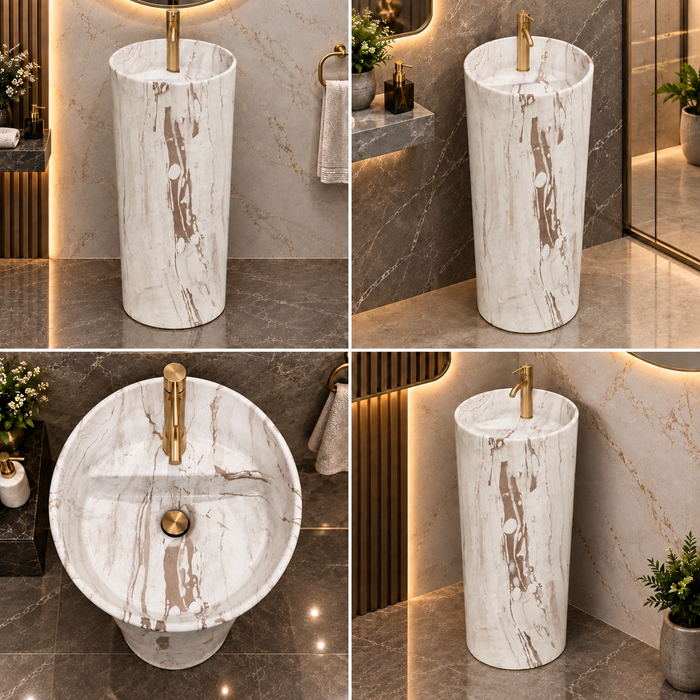 Round freestanding pedestal wash basin 15.4 x 15.4 x 32.7 inch in white and beige marble pattern with cylindrical floor standing design for modern luxury bathroom