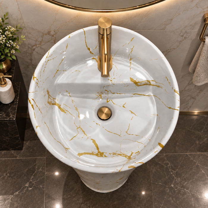 Round freestanding pedestal wash basin 15.4 x 15.4 x 32.7 inch white with gold marble pattern for modern luxury bathroom interior