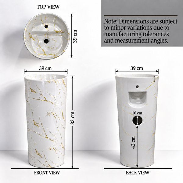 Round Freestanding Glossy Ceramic Pedestal Wash Basin – 15.4 × 15.4 × 32.7 Inch White with Gold Marble Pattern