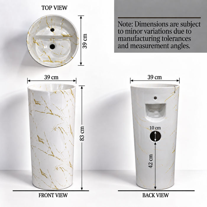 Round freestanding pedestal wash basin 15.4 x 15.4 x 32.7 inch white with gold marble pattern for modern luxury bathroom interior