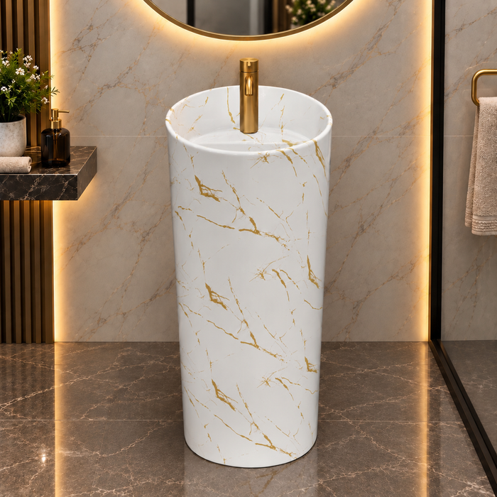 Round freestanding pedestal wash basin 15.4 x 15.4 x 32.7 inch white with gold marble pattern for modern luxury bathroom interior