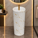 Round freestanding pedestal wash basin 15.4 x 15.4 x 32.7 inch white with gold marble pattern for modern luxury bathroom interior