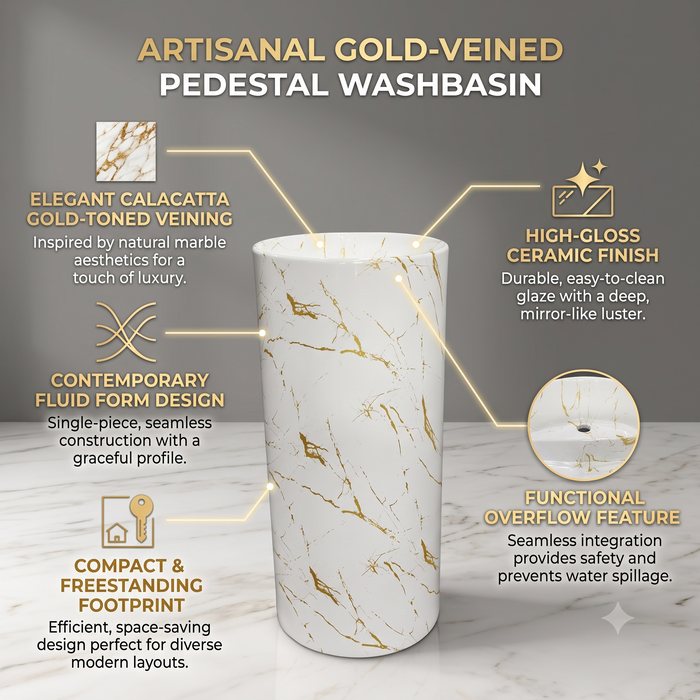 Round freestanding pedestal wash basin 15.4 x 15.4 x 32.7 inch white with gold marble pattern for modern luxury bathroom interior