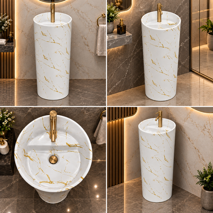 Round freestanding pedestal wash basin 15.4 x 15.4 x 32.7 inch white with gold marble pattern for modern luxury bathroom interior