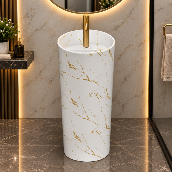 Round freestanding pedestal wash basin 15.4 x 15.4 x 32.7 inch white with gold marble pattern for modern luxury bathroom interior