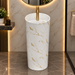 Round freestanding pedestal wash basin 15.4 x 15.4 x 32.7 inch white with gold marble pattern for modern luxury bathroom interior