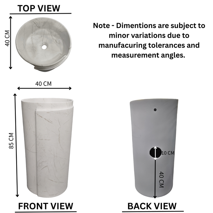 Round freestanding pedestal wash basin 15.7 x 15.7 x 33.5 inch in white marble pattern with cylindrical floor standing design for modern luxury bathroom